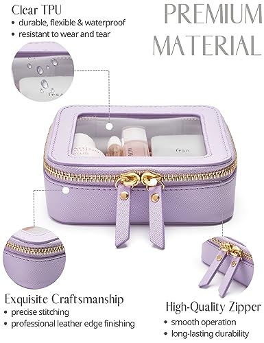 Small Cosmetic Bag for Purse Mini Makeup Bag for School Cute Clear Make Up Pouch for Travel Tiny Leather Purple Make Up Organizer Case for Backpack Toiletry Bag Waterproof Square Pouch with Zipper