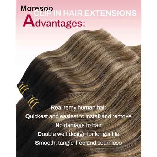 Moresoo Clip in Hair Extensions Balayage Double Weft Human Hair Clip in Extensions Ombre Black to Brown Mixed with Caramel Blonde 7pcs 120Grams 20inch