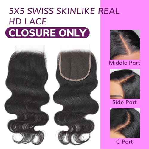 IDN BEAUTY SKINLIKE REAL HD 5x5 Lace Closure Human Hair 20 Inch Body Wave Closure Bleached Single Knots 5x5 Closure Ultra-thin HD Lace Closure Virgin Human Hair 0.1 mm Pre Plucked Hairline Closure