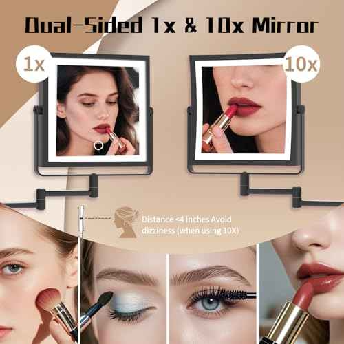 Wall Mounted Makeup Mirror with Lights 4000mAh Rechargeable Double Sided 1X/10X Magnifying Lighted Vanity Mirror with 3 Color Lights & Touch Dimmable 360¡Æ Rotation Extension Swing Arm for Bathroom