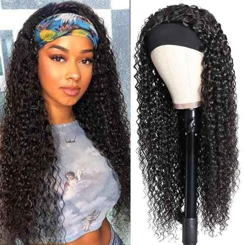 Headband Wig Human Hair Deep Wave 20 Inch Human Hair Headband Wig Glueless Curly Wigs None Lace Front Wigs for Black Women Natural Color