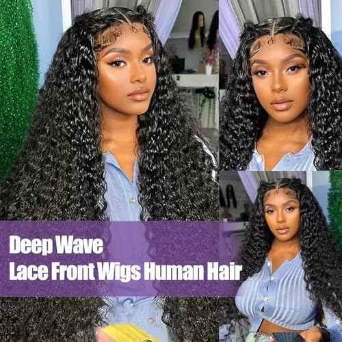 Deep Wave Lace Front Wig 13x6 100% Remy Virgin Human Hair 210% Density HD Lace Frontal Wigs for Black Women Natural Color Pre-Plucked with Baby Hair 24 inch