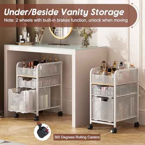 Rolling Makeup Cart Organizer with 2 Drawers, Narrow Floor Skincare Organizers, Vanity Organizer Cosmetics Display Cases Holder for Skin Care Nail Polish Perfume Makeup Brush, White