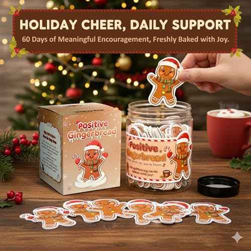 Positive Gingerbread Christmas Jar with 60 Affirmation Cards, Emotional Support Gingerbread Holiday Gift, Cute Gingerbread Decor, Christmas Gingerbread Gifts for Women, Men, Teens, Teachers