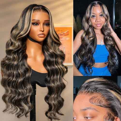 Ombre Lace Front Wig Human Hair Pre Plucked 13x6 Highlight Body Wave Lace Front Wigs Human Hair Hd Lace Frontal 1B/27 Colored Wigs Human Hair 180% Density 24 Inch