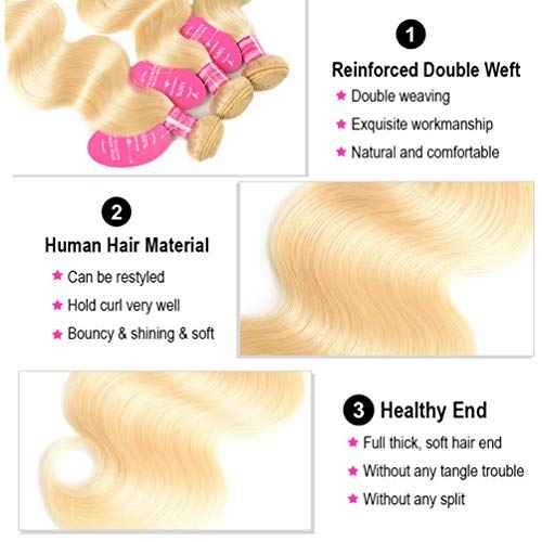613 Hair Body Wave Bundles with Closure 613 Honey Blonde Bundles with Lace Closure Brazilian Virgin Body Wave 3 Bundles with 4¡¿4 Lace Closure 150% Density Free Part (14 16 18+12C)