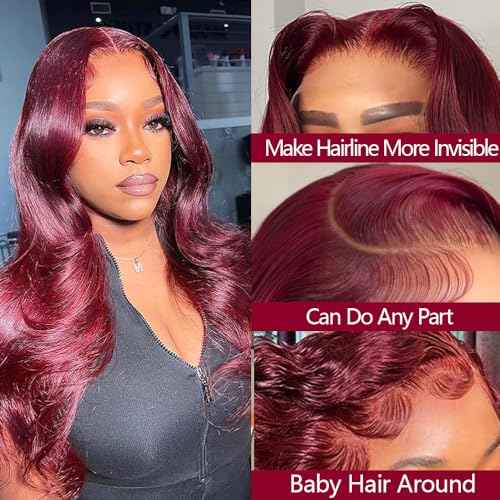 99J Burgundy Lace Front Wigs Human Hair 24 Inch 13x4 HD Wine Red Colored Body Wave Wig for Women 200% Density Transparent Glueless Wine Red Wigs Human Hair Pre Plucked with Baby Hair