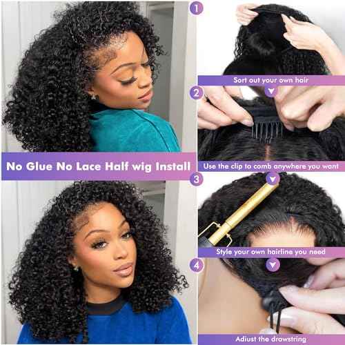 Kinky Curly Half Wig Human Hair 180% Density 3 In 1 Seamless Flip Over Half Wigs Human Hair Glueless Wear and Go Beginner Friendly 20 Inch Drawstring Headband Wig Human Hair for Women Natural Black