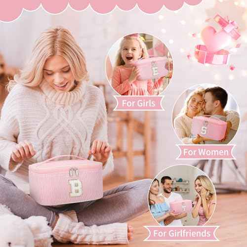 OCHEAL Makeup Bag for Women, Monogram Cosmetic Bag with Brush Holder, Pink Travel Makeup Case Beauty Toiletry Bag Organizer Personalized Gifts for Girls Bridesmaid, Sister, Wife, Friends Initial C