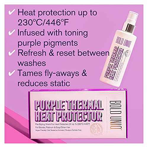 Heat Protectant Spray Formulated For Blonde, Platinum, Ash & Silver/Gray Hair. Thermal Shield Protection Professional Formula Minimises Brassy Yellow Tones. Protects Dry, Damaged, Frizzy & Curly Hair