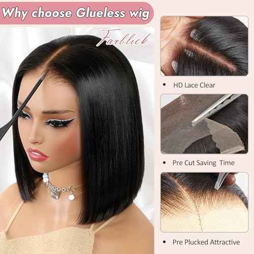 Bob Wig Human Hair 14 Inch Glueless Wigs Human Hair Pre Plucked Pre Cut 6¡¿4 HD Lace Front Wigs for Women 180% Density Short Straight Wig Ready to Wear