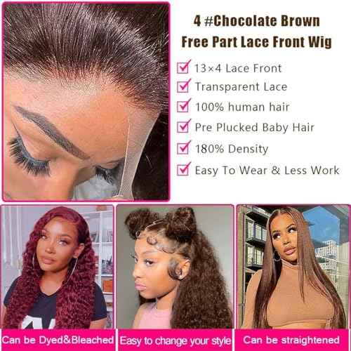 13x4 Chocolate Brown Deep Wave Transparent Lace Front Wigs Human Hair Wet and Wavy Wigs for Black Women Brazilian Deep Curly Wave Lace Frontal Wigs Pre Plucked with Baby Hair 180% Density (26 Inch)