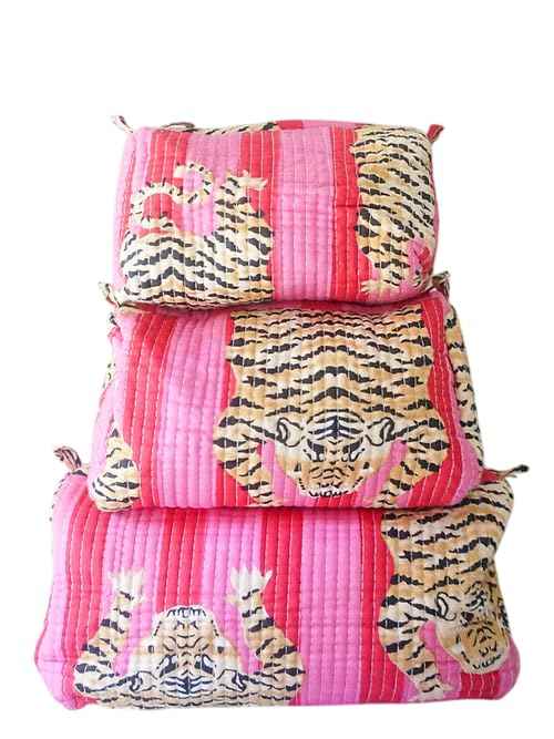 YILLE Set of 3 Pieces Block Printed Travel Organizer Kit Storage Bag for Women Makeup Bag Travel Cosmetic Bag (Pink Fat Tiger)