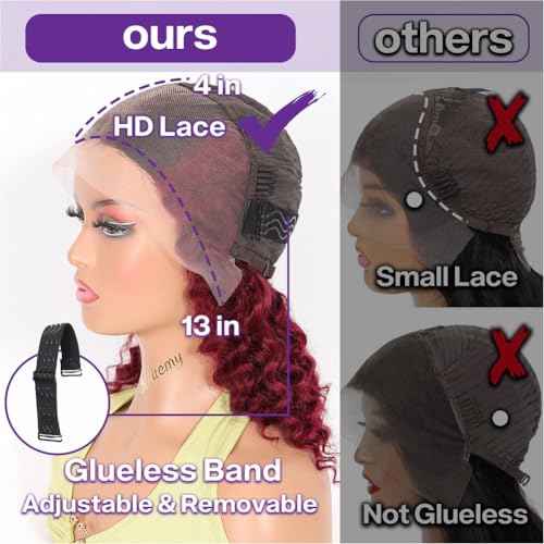 1B/99J Deep Wave BOB Wig Human Hair 18 Inch Ombre 99J Burgundy Lace Front Wigs Human Hair 13x4 HD Short Curly Frontal BOB Wigs For Black Women Human Hair Wear And Go Glueless Wine Red