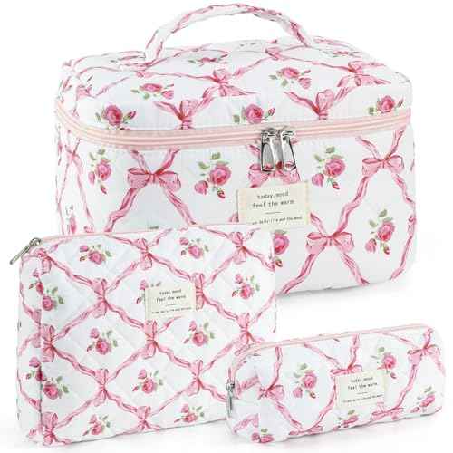 Makeup Bag for Women 3PCS Quilted Cotton Make Up Bag Travel Cosmetic Bag Large Makeup Bag Set Cute Bow Makeups Organizer Floral Toiletry Pouch for Purse, Pink