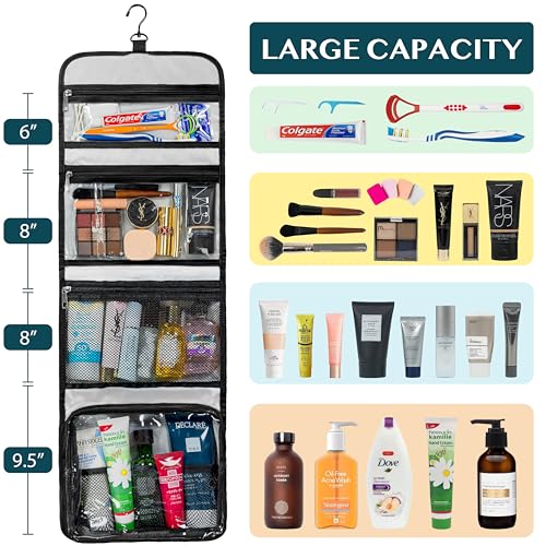 PAVILIA Travel Hanging Toiletry Bag for Women Men, Large Capacity Makeup Bag Kit, Waterproof Cosmetic Storage Organizer Case for Bathroom Shower
