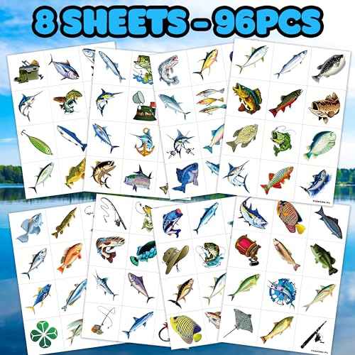 96 PCS Fishing Pre-Cut Temporary Tattoos Birthday Party Decorations Favors Supplies Decor Gone Fishing Fisherman Stickers For Girls Boys Gift School Prizes Rewards (Normal)