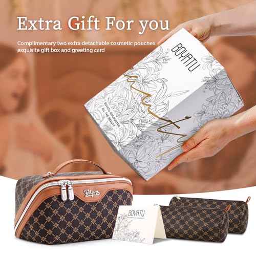 BOYATU Travel Makeup Bag Cosmetic Bags for Women: 3 Pcs Set Large Portable Make up Bag with Handle - Vegan Leather Toiletry Bags with Compartments - Makeup Organizer for Travel Essentials(A-1-Coffee)
