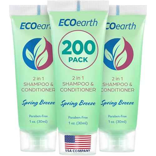 EcoEarth Travel Size Shampoo Conditioner 2-in-1 (1 fl oz, 200 PK, Spring Breeze) Delight Your Guests w/Revitalizing & Refreshing Conditioning Shampoo Amenities, Small Size Hotel Toiletries in Bulk