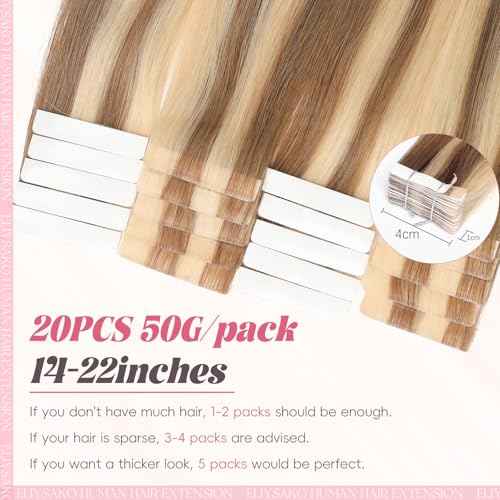 Eliysko Undetectable Invisible Tape Hair Human Hair Extensions Seamless Blending 100% Remy Hair #613/18 Brown Light Brown Mix Blonde 18inch 50G/20s Invisible Tape in Hair Extensions Tape in Extension