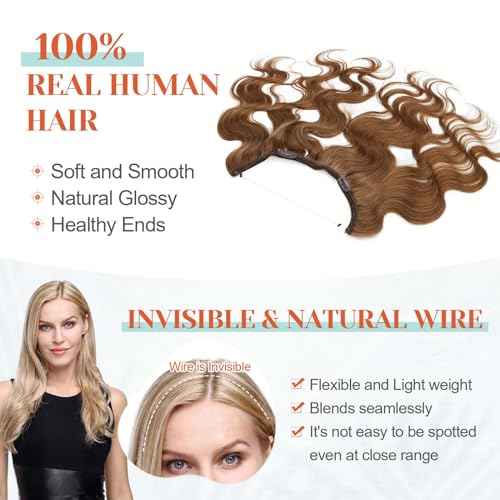 Benehair Halo Hair Extensions Real Human Hair, Brown Halo Hair Extension 100% Human Hair, Wavy Halo Extensions Human Hair, Curly Halo Extensions, Wire Hair Extension, Light Brown 65g/18inch