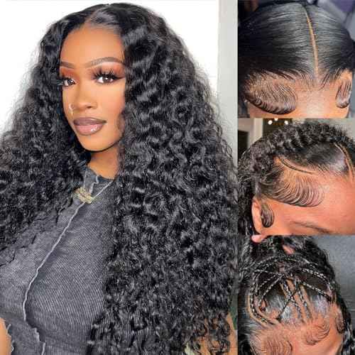 Water Wave Lace Front Wigs Human Hair Pre Plucked Bleached Knots Wet and Wavy 13x6 HD Lace Frontal Wigs for Black Women 200% Density Brazilian Remy Human Hair (Water wave wig 13x6, 28 Inch)