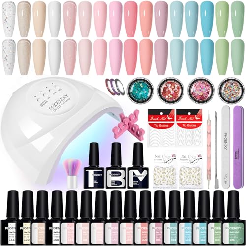 Phoenixy Gel Nail Polish Kit with U V Light, 38Pcs Pink Blue Green White Nude Gel Nail Polish Set with 48W Nail Lamp Gel Nail Kit Gifts for Women