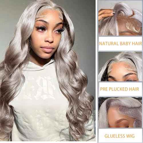 Grey Lace Front Wigs Human Hair Pre Plucked with Natural Hairline 13x6 Glueless Wigs Human Hair 180 Density Highlight Body Wave Lace Frontal Wig 26 Inch