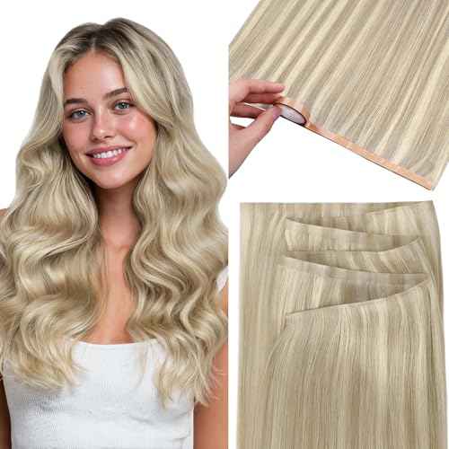 GOO GOO Tape In Weft Hair Extensions Human Hair, Genius PU Long Weft Tape In Hair Extensions Real Human Hair, Silky Easy to Use, P17A/60A Ash Blonde Highlighted Platinum Blonde 22 inch 60g