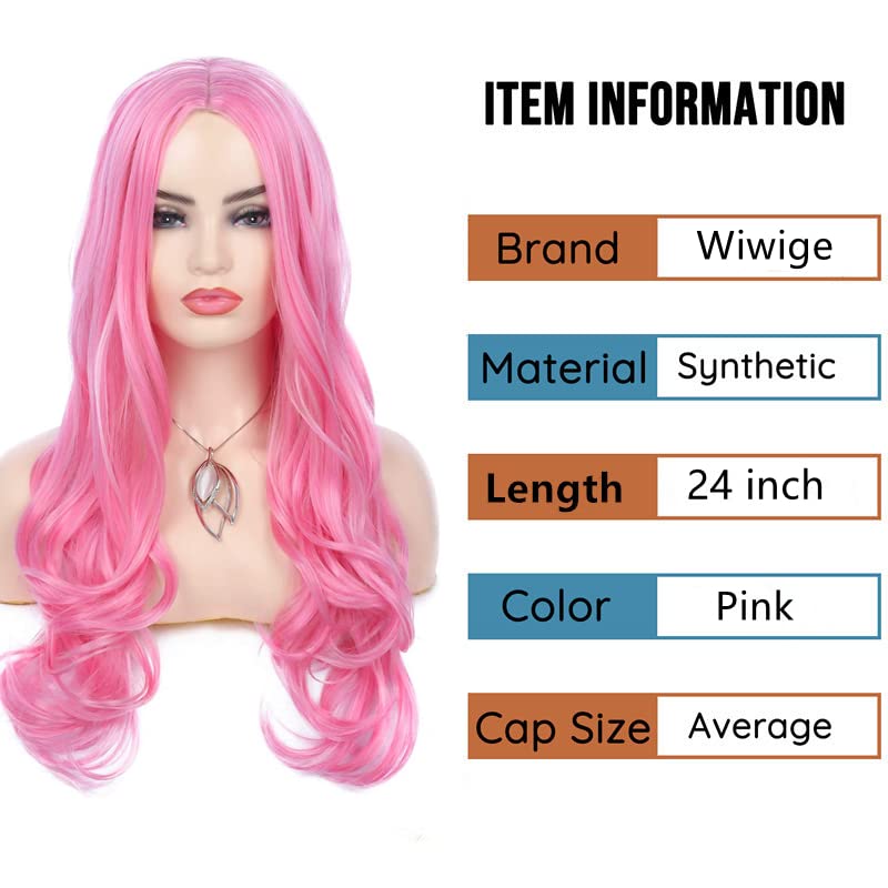 Wiwige Hot Pink Wig for Women Long Wavy Curly Middle Part Nature Looking Heat Resistant Synthetic Cosplay Costume Halloween Party Wig with Wig Cap