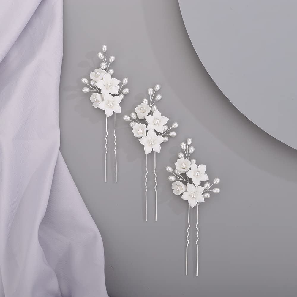 BERYUAN Bridal Flowers Leaves Hair Pins for Bride Women Dainty Pearls Beads Hair Pins for Girls SILVER （3 pcs）