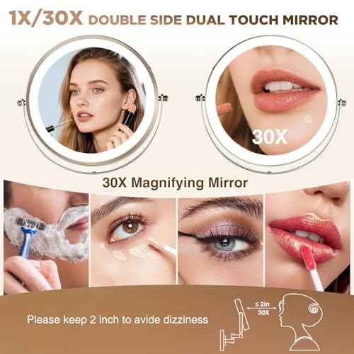 30X Wall Mounted Makeup Mirror with Lights,3 Color Modes Dimmable & Adjustable Double Side, Bathroom Vanity Makeup Mirror with 360 Rotation Extendable Swivel Arm,Magnifying Mirror - Brushed Nickel
