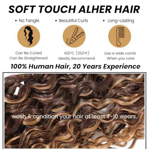 ALHER Soft Thick Wet And Wavy Ombre Honey Blonde Human Hair Bundles, 12A Highlight Brown Water Wave Bundles 100% Brazilian Virgin Human Hair 3 Colored Curly Weft #P4/27 Piano Color 12 14 16 Inch