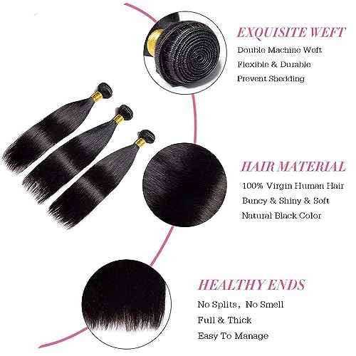 Brazilian Straight Human Hair 3 Bundles Weave 28 28 28 Inch 100% Unprocessed Virgin Weave Hair Human Bundles for Black Women Remy Hair Extensions Natural Black Color Human Hair Straight Weft