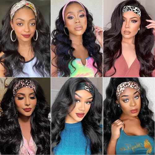 Human Hair Body Wave Headband Wig, 26 Inch, Black, Glueless, Wavy (loose waves), 21.75 Inch Cap Size
