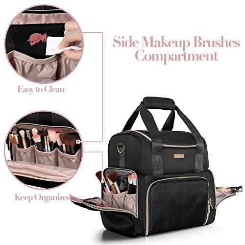 Large Cosmetic Bag with 3 Removable Case, Double Layer Travel Organizer with Inner Dividers and Makeup Brushes Storage Section, Black (Patented Design)