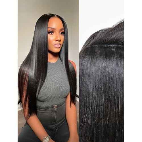 LUVME Invisible Clip in Hair Extensions Silky Straight Real Human Hair, Remy Hair Clip ins for Women, Natural Human Hair, 24 inch 110g 6Pcs, Natural Black