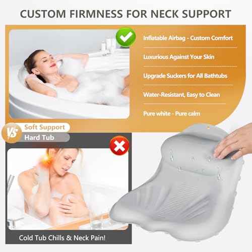 Inflatable Bath Pillow for Tub - Adjustable Firmness Silicone Bathtub Pillow for Epsom Salt Soaking & Spa Neck-Relaxing, Head & Back Reclining Support Cushion, Xmas Gift for Couples, Parent, Friends