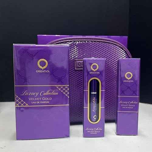 Orientica Al Haramain Velvet Gold 4-Piece Gift Set for Women, (2.7 Oz Eau De Parfum Spray + 0.33 Oz Eau De Parfum Spray + Atomizer + Bag) Luxury Collection