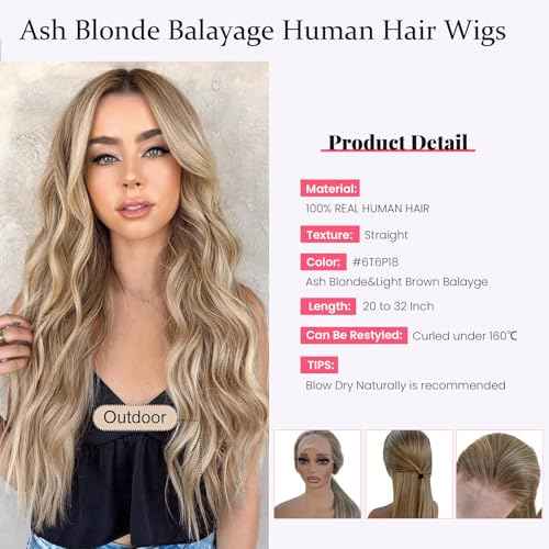 Balayage Ash Blonde Wig Human Hair 13x4 HD Glueless Lace Front Wigs Pre Plucked Virgin Hair 22 Inch 150% Density Light Brown to Platinum Blonde Highlights Silky Straight with Baby Hair for Women