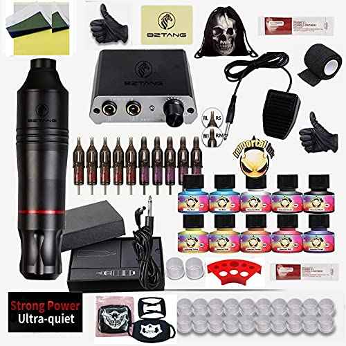 Complete Beginner Tattoo Kit Motor Pen Machine USA Color Inks Power Supply Set Needles (black)