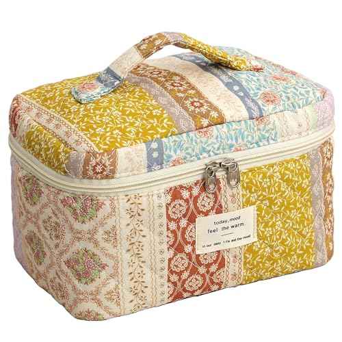 Quilted Makeup Bag, Large Makeup Bag, Cute Cosmetic Bag for Women Girls, Floral Coquette Aesthetic Patchwork Travel Toiletry Make Up Organizer Bag