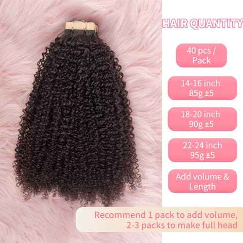 Invisible 4C Afro Kinky Curly Tape in Hair Extensions for Black Women Niawigs Black Color Real Human Hair Tape ins, 40PCS Double Sided PU Skin Weft 22 Inches