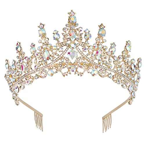 COCIDE Gold Crowns for Women Tiaras Girls Golden Crystal Rhinestones Queen Crown Princess Tiara Party Wedding Bridal Halloween Costume Cosplay Bridesmaids Accessories, one size, AB Gold, Comb type