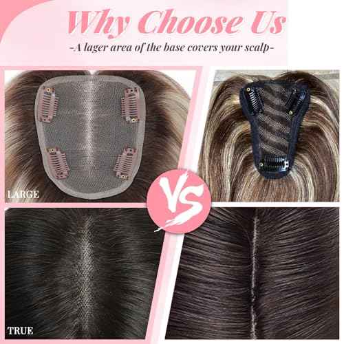 Human Hair Topper 12Inch 4x4.8inch Large Swiss Base with Thinning Hair (Ombre Light Brown with Blond Highlight)