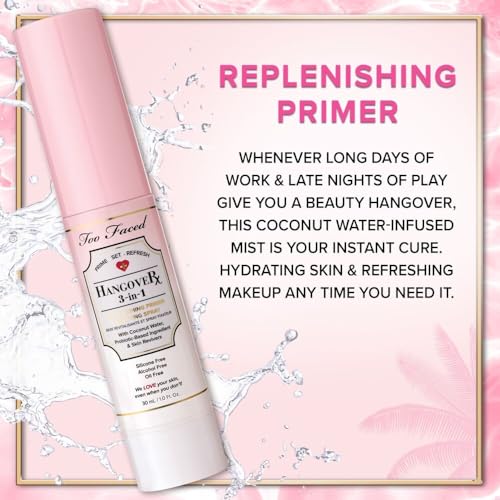 Too Faced Hangover 3-in-1 Primer & Setting Spray | Long Lasting + Hydrating, Travel Size, 1 Fl Oz, Clear