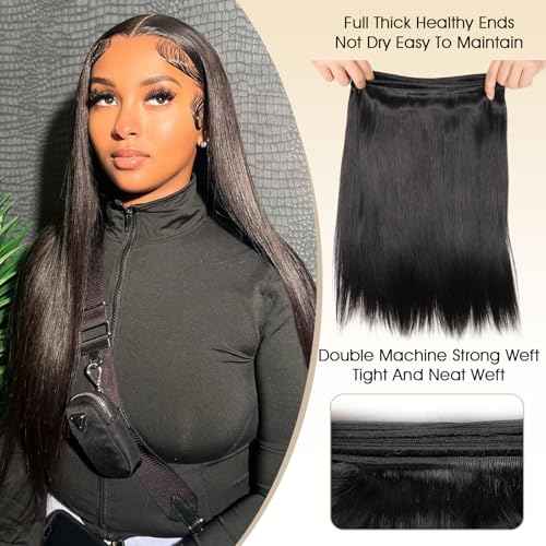 16A Brazilian Straight Human Hair Bundles | 34" Unprocessed Virgin Remy Hair Extensions | Single Bundle Raw Hair with Double Weft, No Shedding, Natural Black