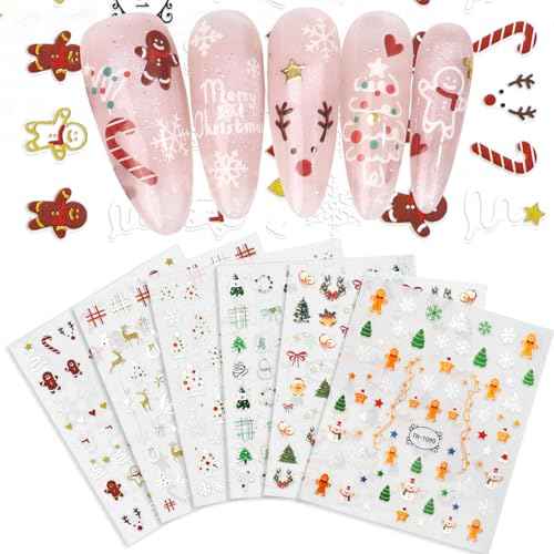 6 Sheets Christmas Nail Art Stickers, 3D Self-Adhesive Snowflake Elk Gingerbread Men Snowman Xmas Tree Design, DIY Christmas Nail Decals for Women, Winter Holiday Nail Decorations