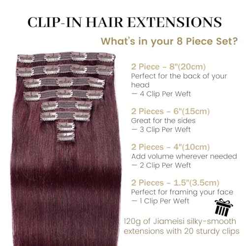 Jiameisi Clip in Hair Extensions Real Human Hair, 20inch Remy Human Hair Extensions Double Weft 120g 8pcs, Burgundy Straight Clip ins for Women, Ideal for Daily, Party, Wedding Looks #99J Burgundy Red