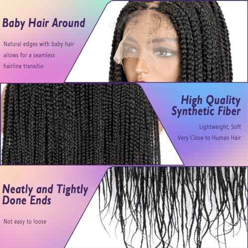 originea DAIXI 26'' Single Full Lace Box Braided Wigs for Black Women, Full Hand-Knitted Square Parted Synthetic Braided Lace Wigs with Baby Hair (Square Partition, 1B)